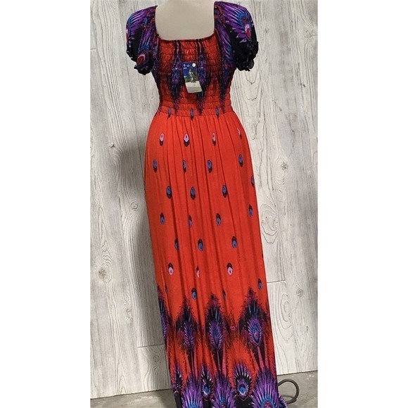 NWT Eye of the Peacock Red Gathered Bust Maxi Dress Stretch Sundress XL #15 - Picture 3 of 5